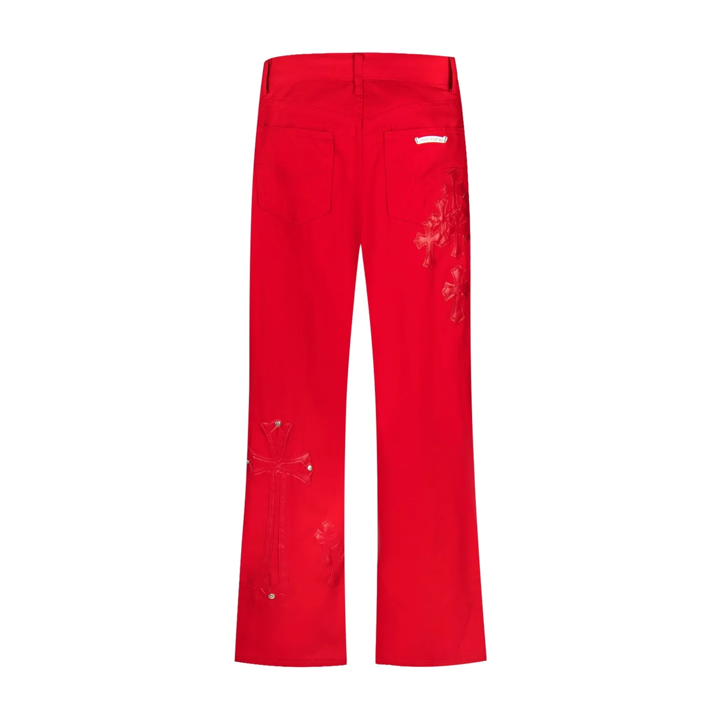 P260 CHROME HEARTS 25ss dopamine Chinese red cross leather washed jeans - Full of exploring the ultimate in fashion, Chrome Hearts' new Chrome Hearts pants not only present a unique style, but the fresh ice blue color looks particularly youthful and energetic. The mid-high waist design is paired with a lazy and casual style, which not only shows long legs but also maintains a casual feel. It is a must-have fashion choice for trendy men and trendy women. Style No.: 1789 Color: Dopamine Red Size: 28 30 32 34